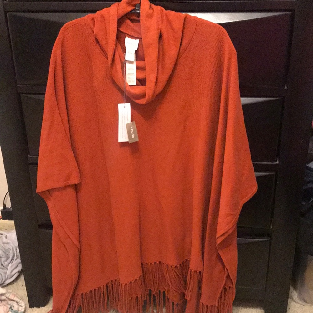 Cowl neck poncho with fringe